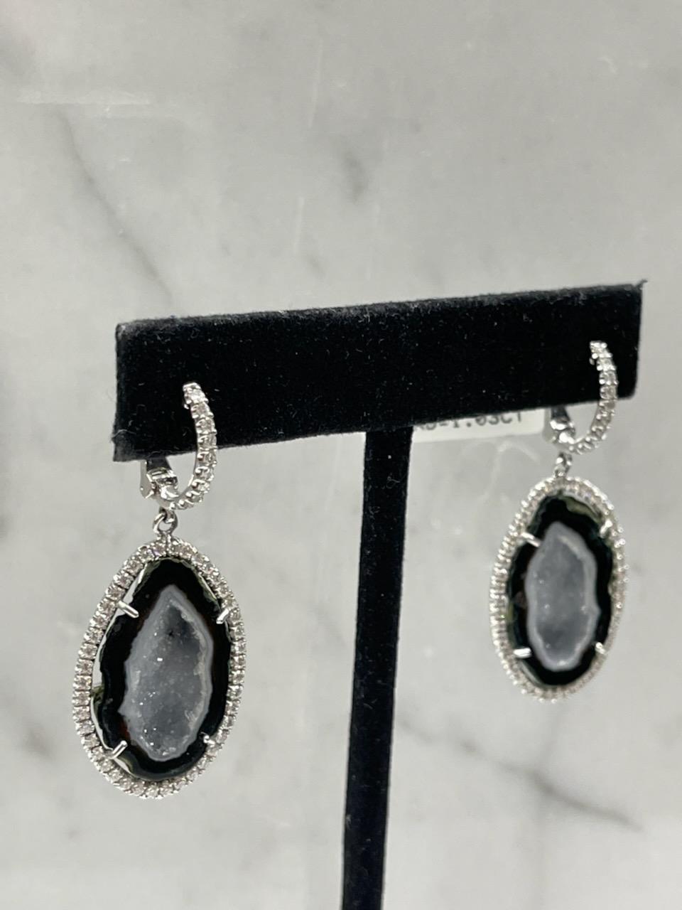 Round Cut Agate Geode with Diamond Halo Earrings For Sale