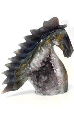 Agate Horse Bust with Green and Orange Crystals