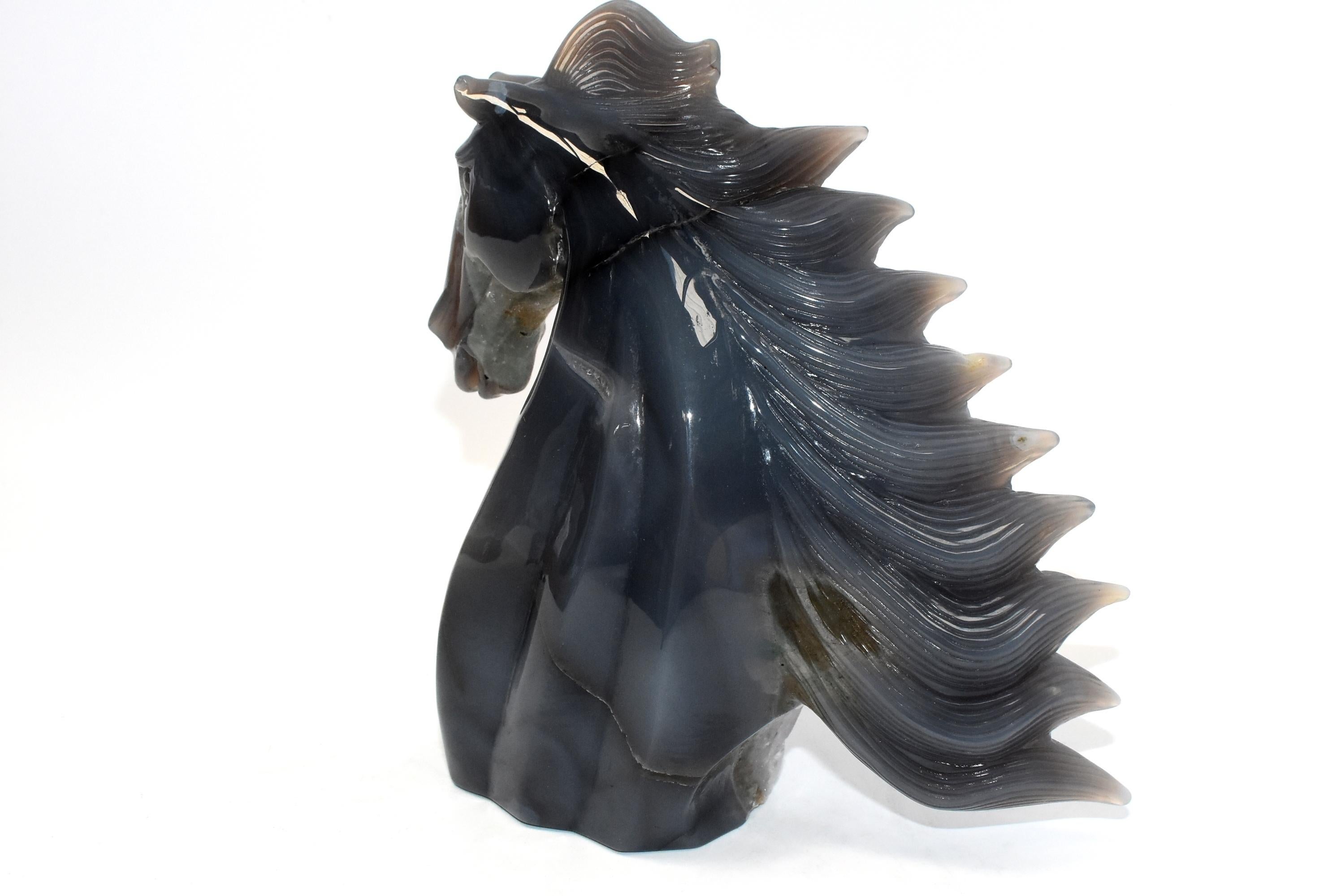 Agate Horse Bust with Green and Orange Crystals For Sale 6