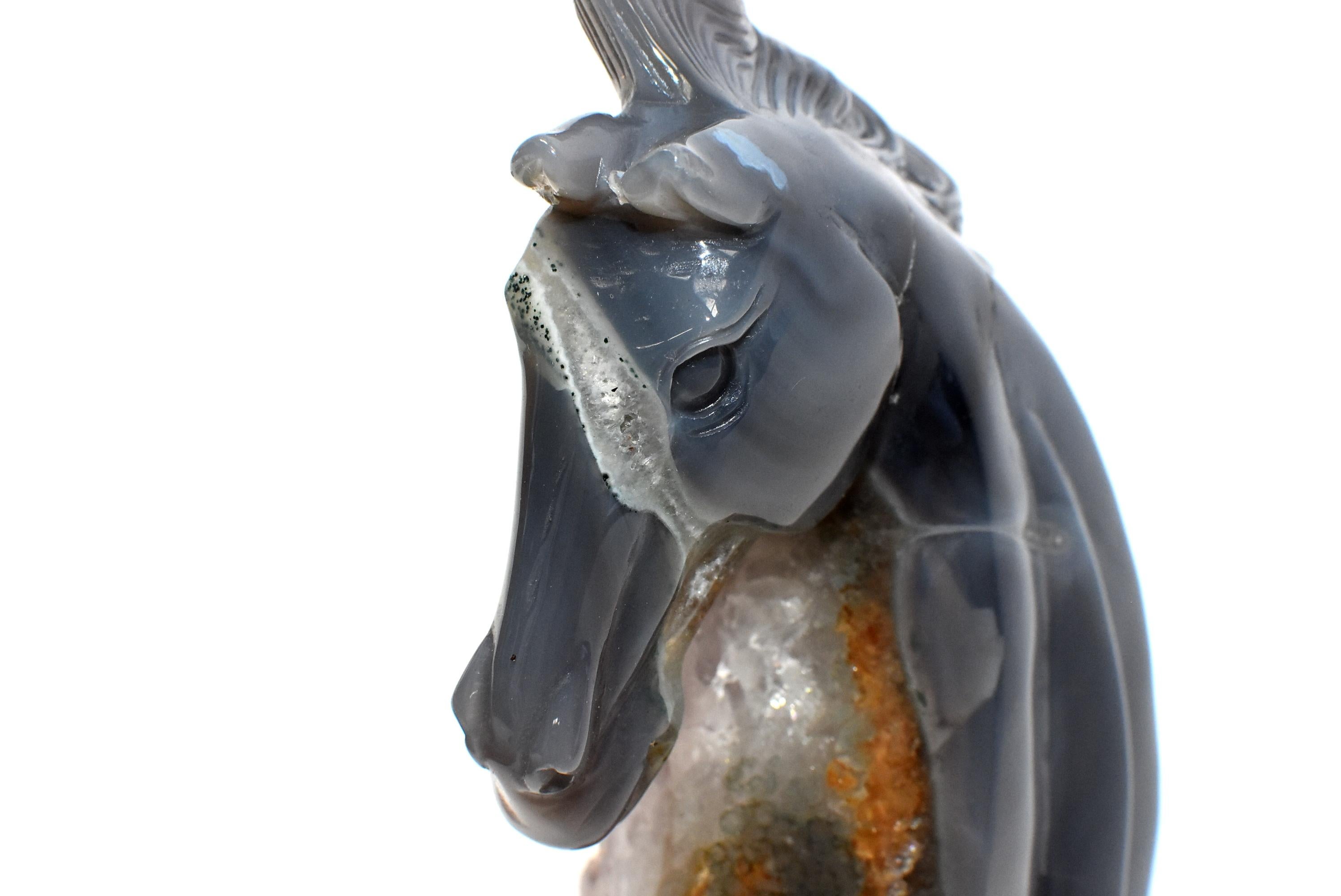 Agate Horse Bust with Green and Orange Crystals For Sale 1