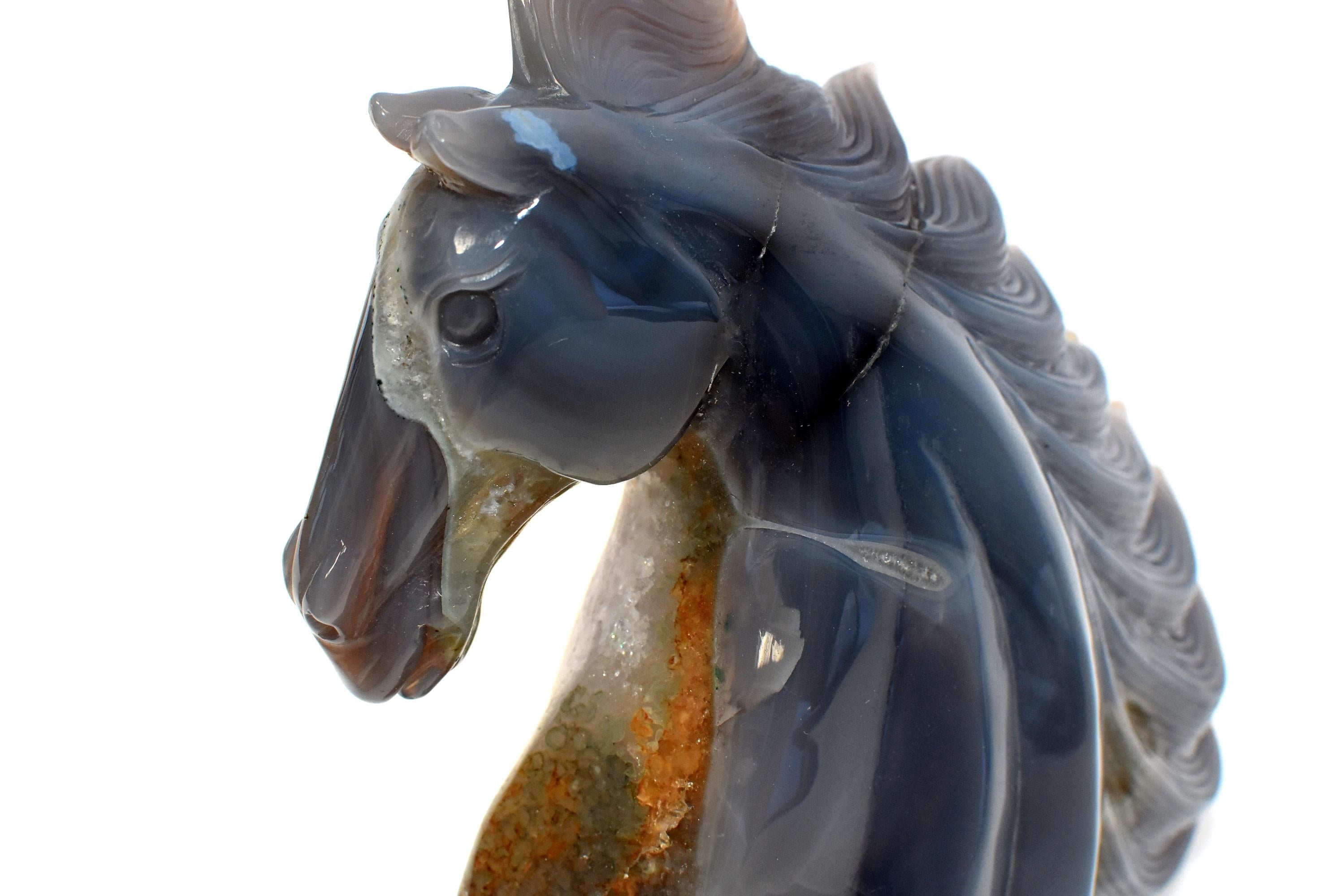 Chinese Agate Horse Bust with Green and Orange Crystals For Sale