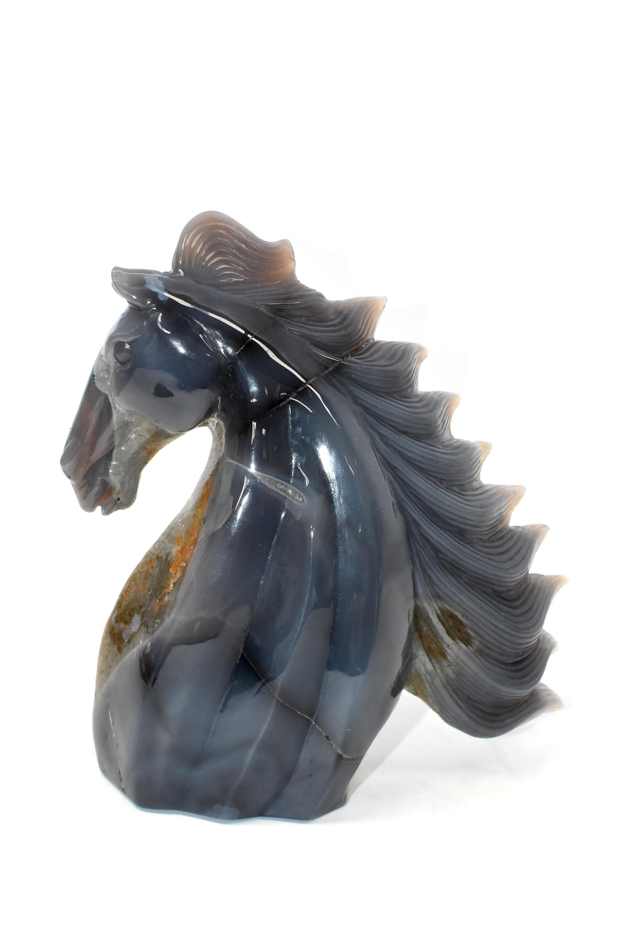 Agate Horse Bust with Green and Orange Crystals For Sale 12