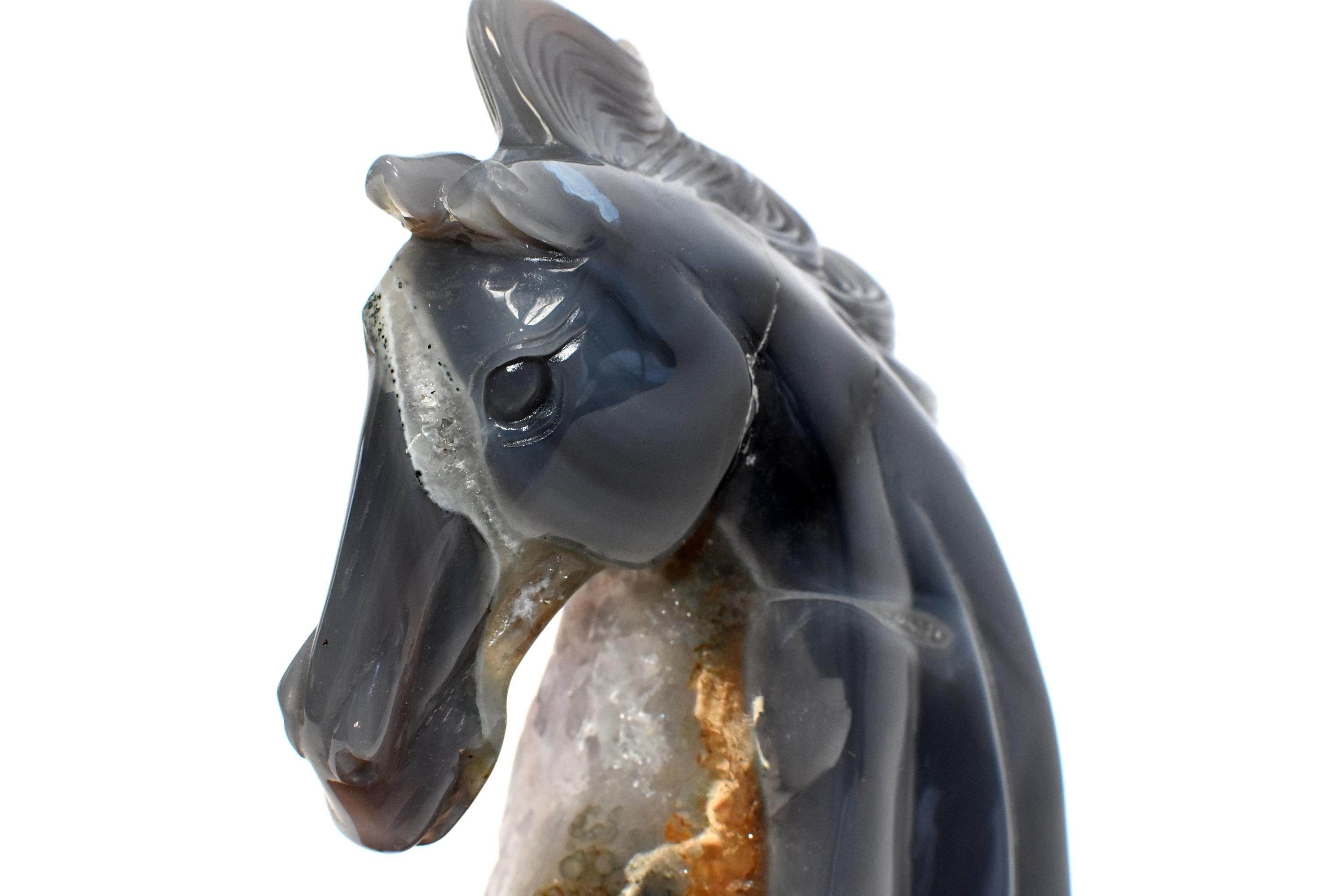 Contemporary Agate Horse Bust with Green and Orange Crystals For Sale
