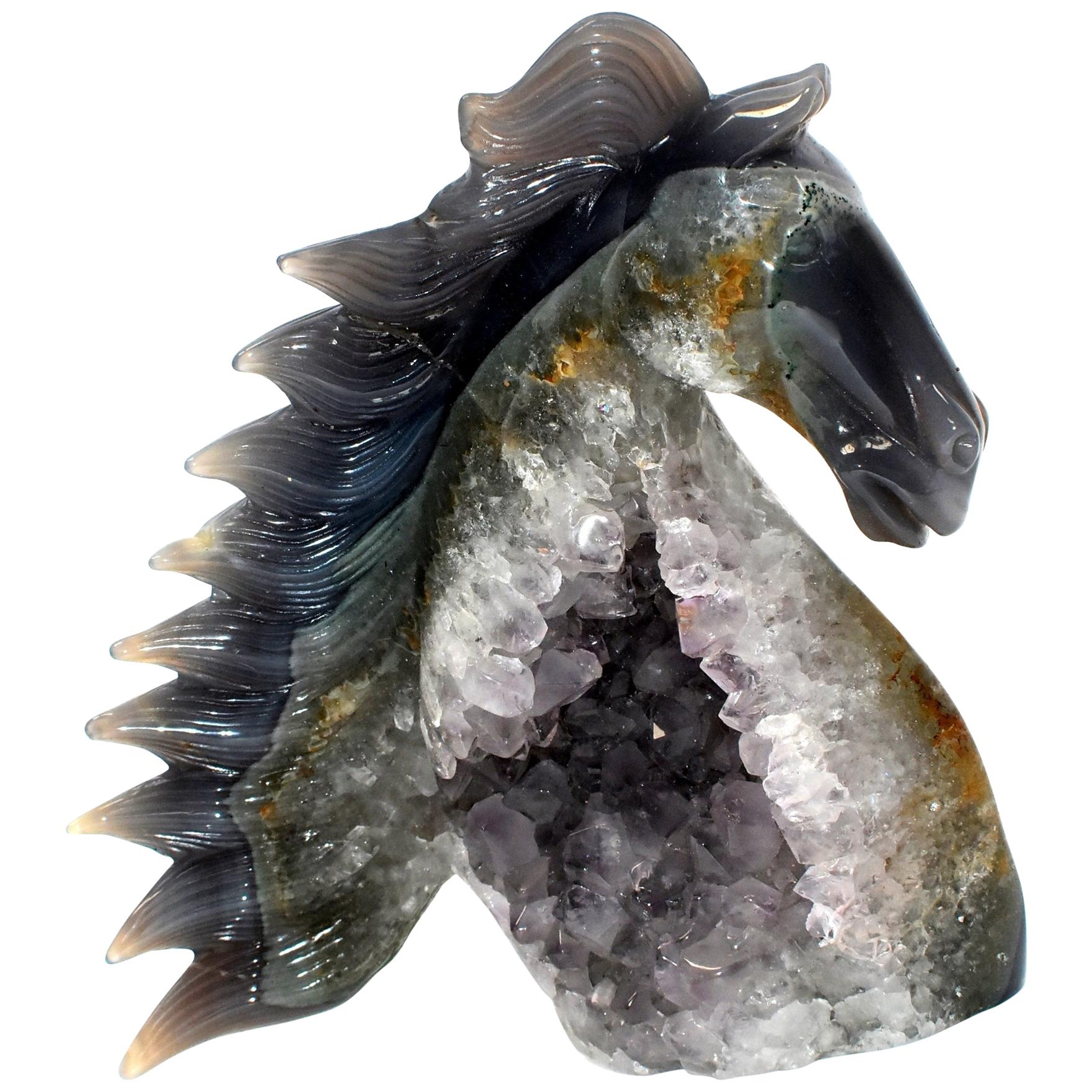 Agate Horse Bust with Green and Orange Crystals