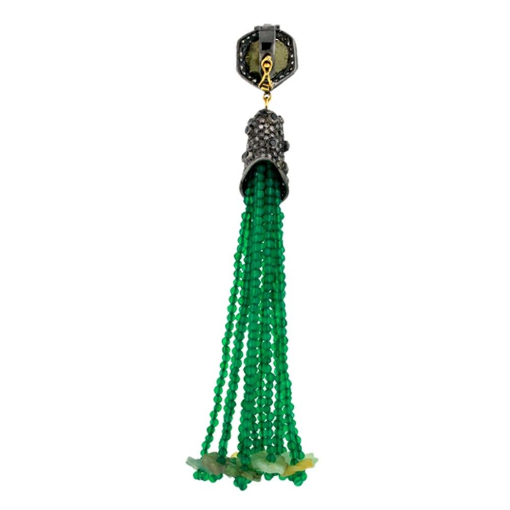 Contemporary Agate Jade & Onyx Tassel Pendant with Pave Diamonds Made in 18k Gold & Silver For Sale