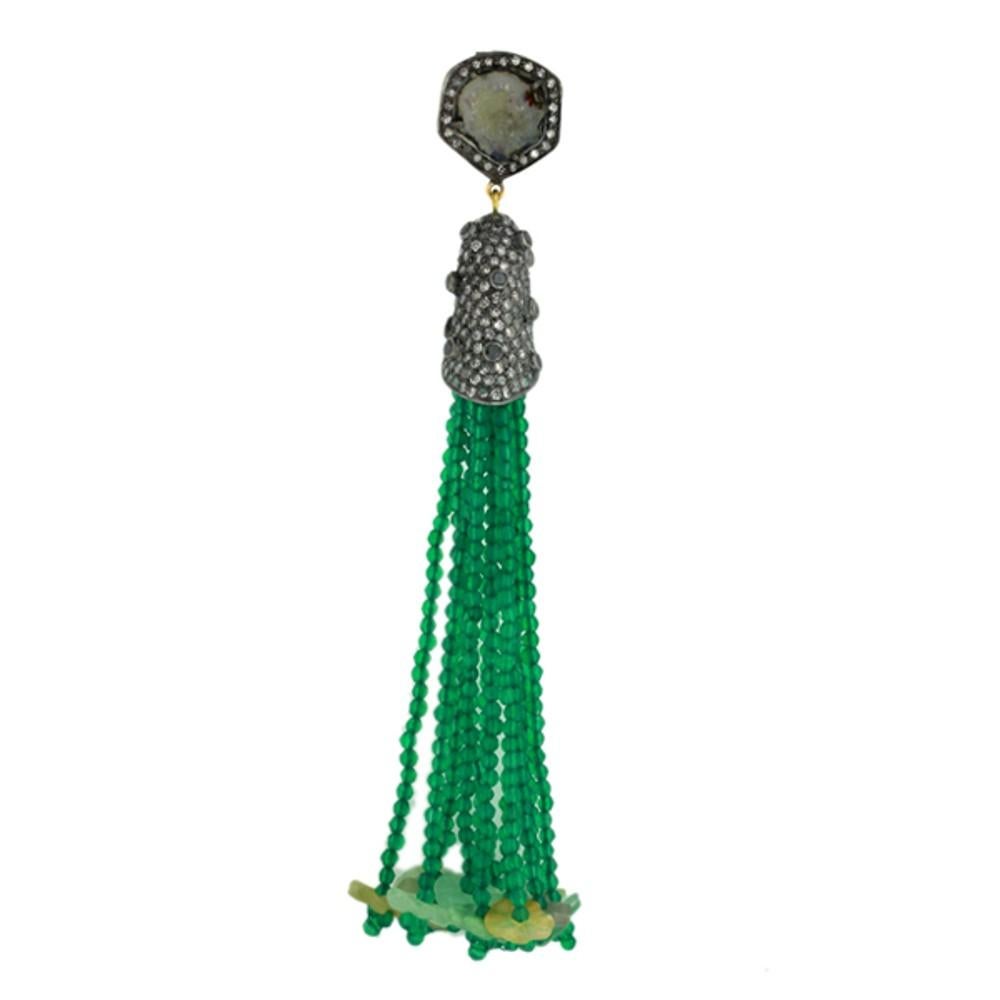 Mixed Cut Agate Jade & Onyx Tassel Pendant with Pave Diamonds Made in 18k Gold & Silver For Sale