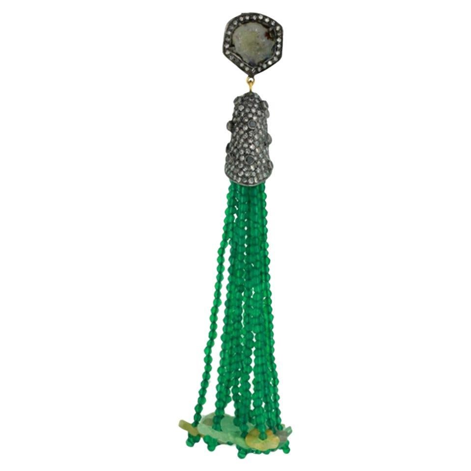 Agate Jade & Onyx Tassel Pendant with Pave Diamonds Made in 18k Gold & Silver For Sale
