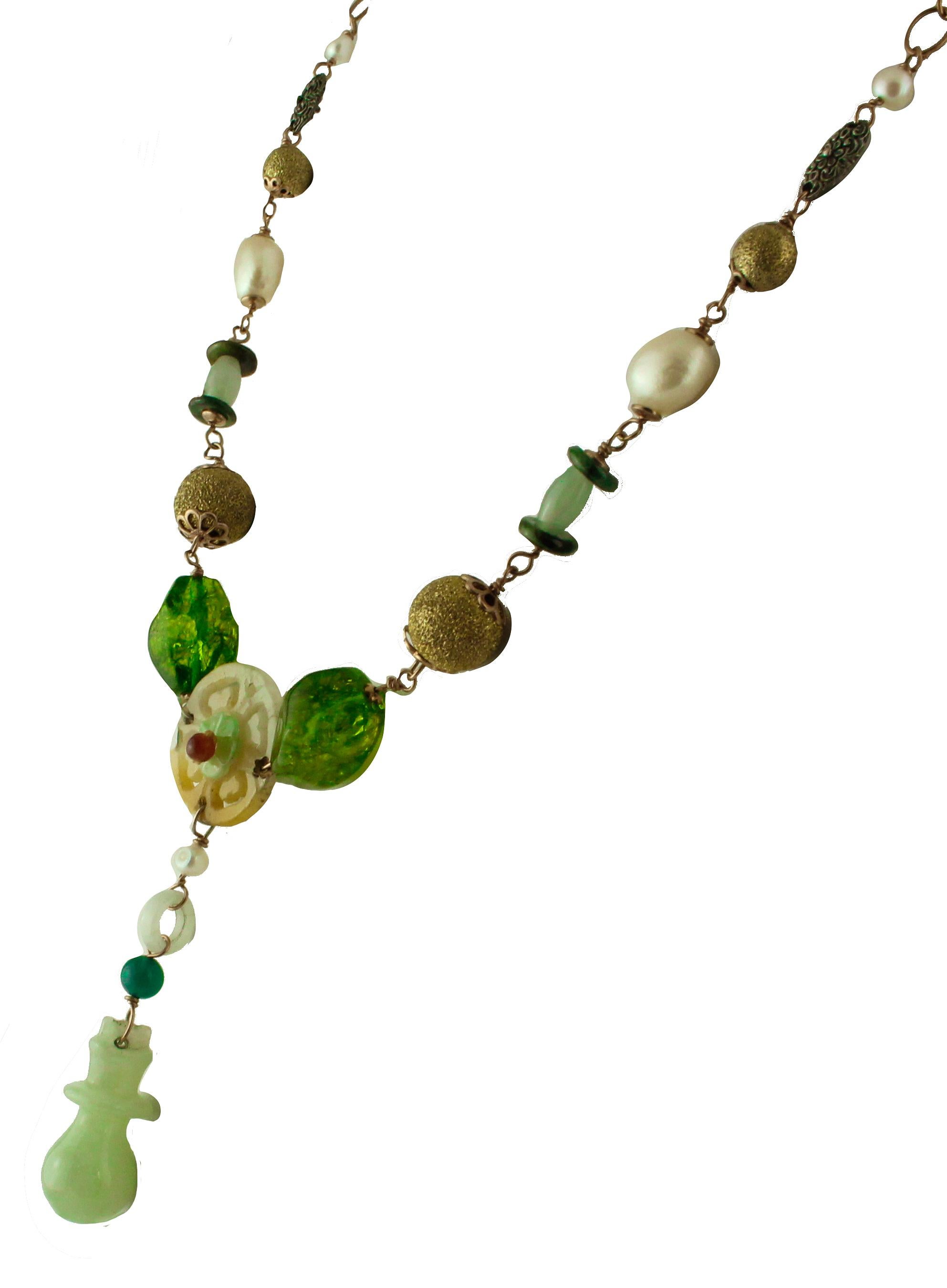 Agate Jade Pearls Rose Gold and Silver Necklace In Good Condition In Marcianise, Marcianise (CE)