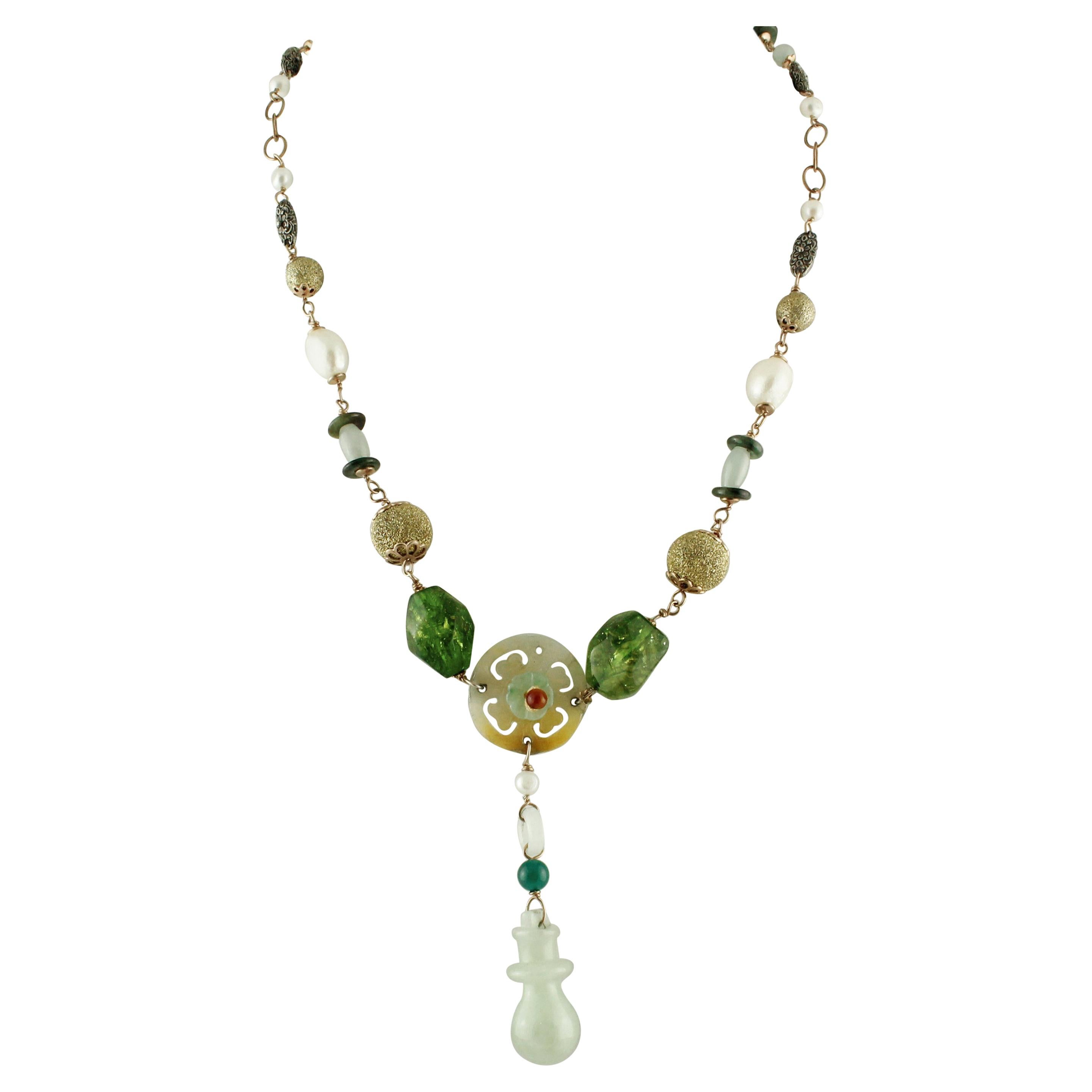 Agate Jade Pearls Rose Gold and Silver Necklace