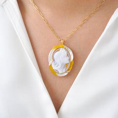 Agate Lady Madame Hand-Carved Cameo Mother of Pearl Diamond Pendant Brooch
