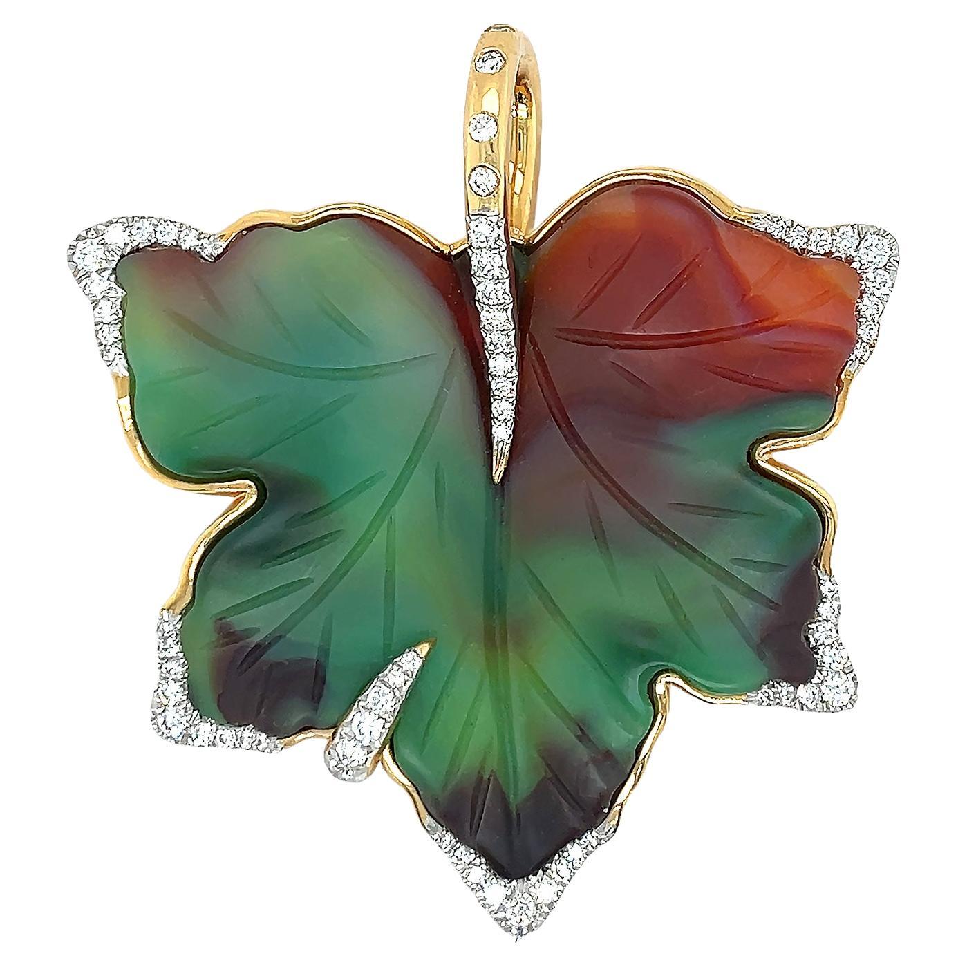 Agate Leaf 18K Yellow Gold Diamond Pendant For Sale