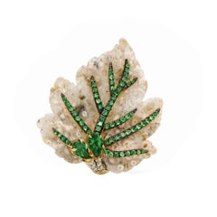 Agate Leaf Ring with Demantoid Garnets and Diamonds in 14 Karat Gold - Fei Liu