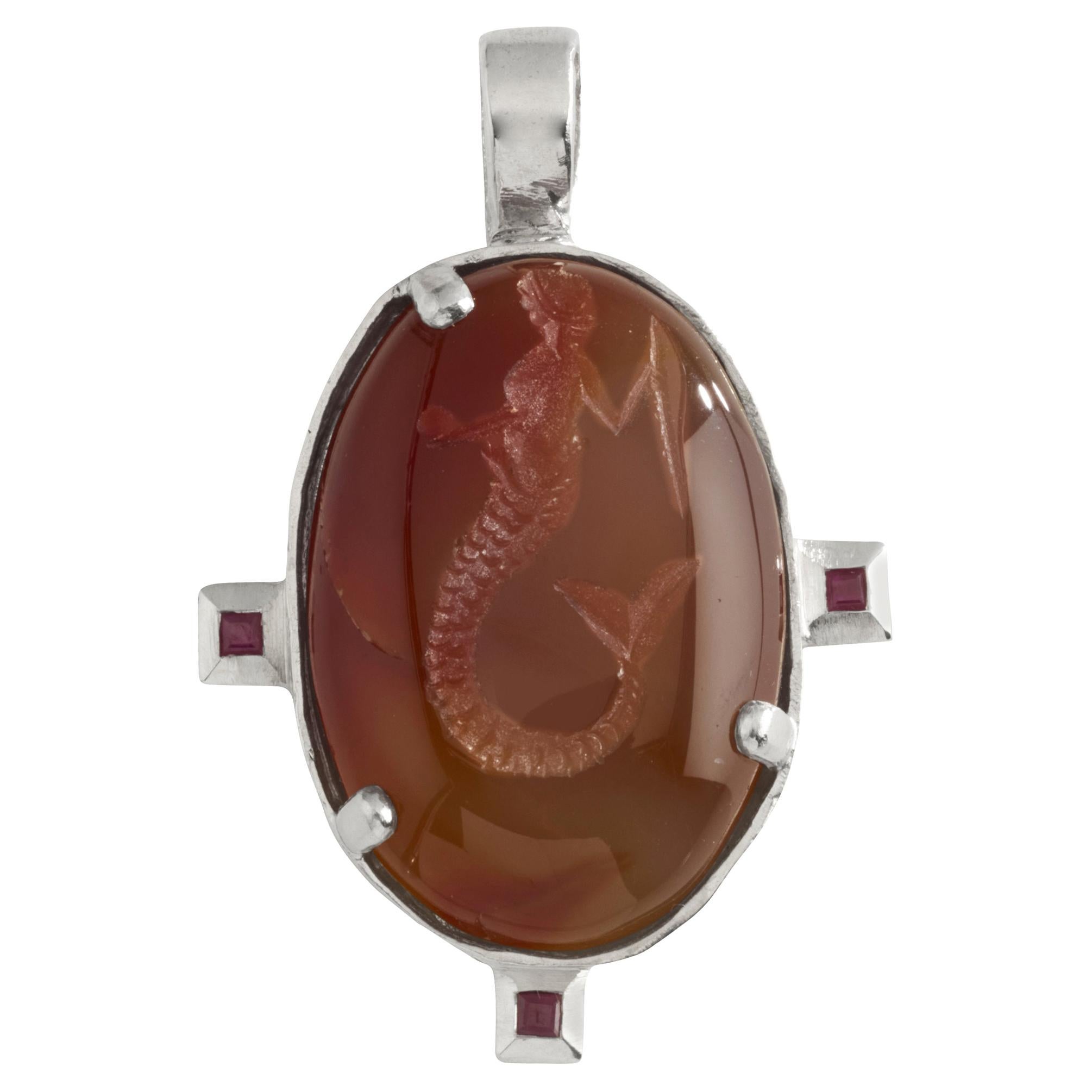 Agate Mermaid Pendant with Three Rubies, Sterling Silver For Sale