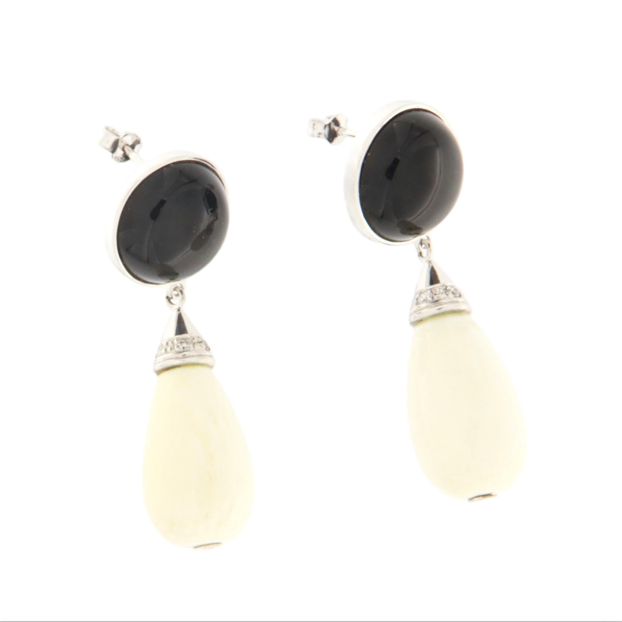 Artisan Agate Onyx Diamonds 18 Karat White Gold Drop Earrings For Sale