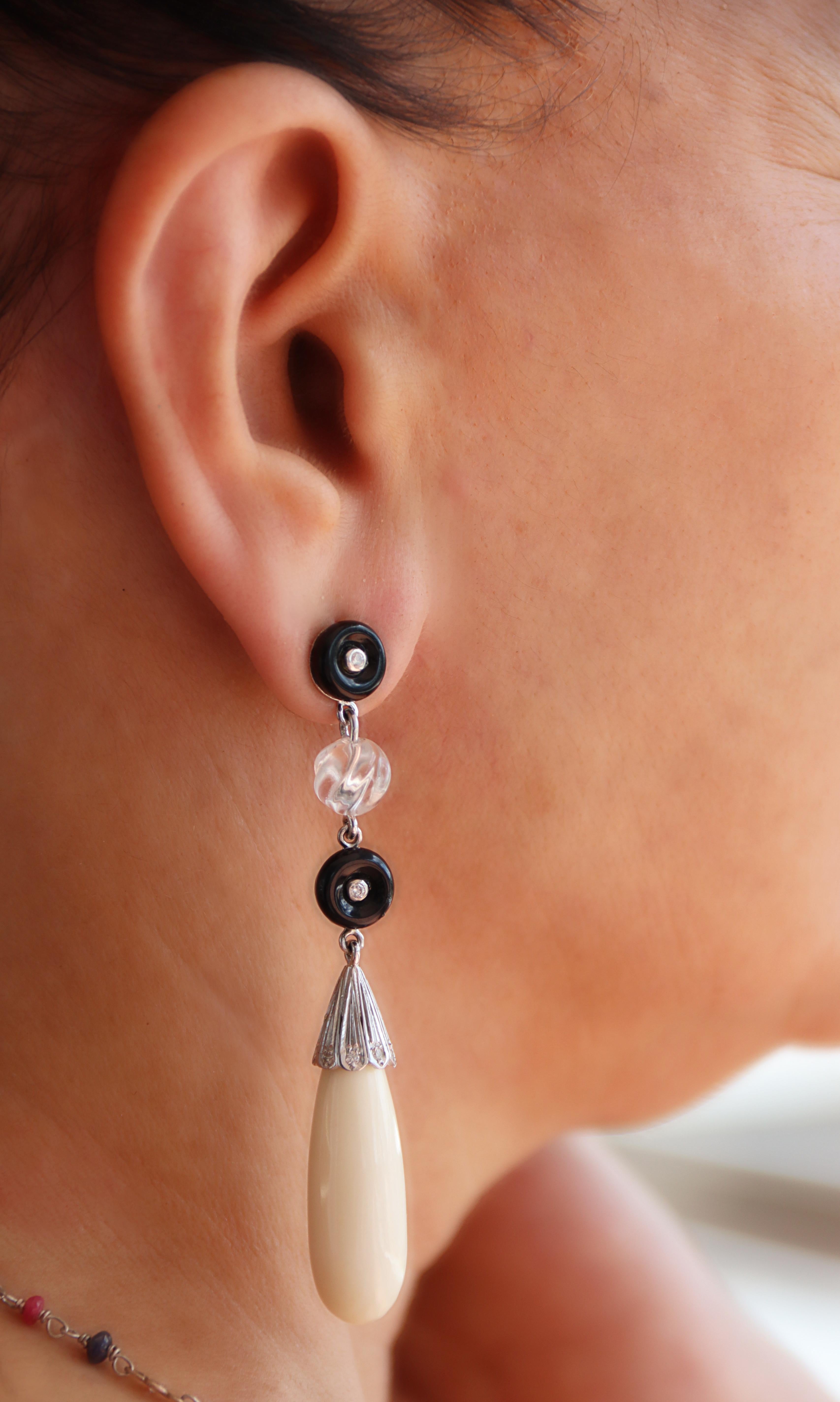 Pendants d'oreilles Agate Onyx Diamants Cristal Rock Or blanc 18 carats en vente 6