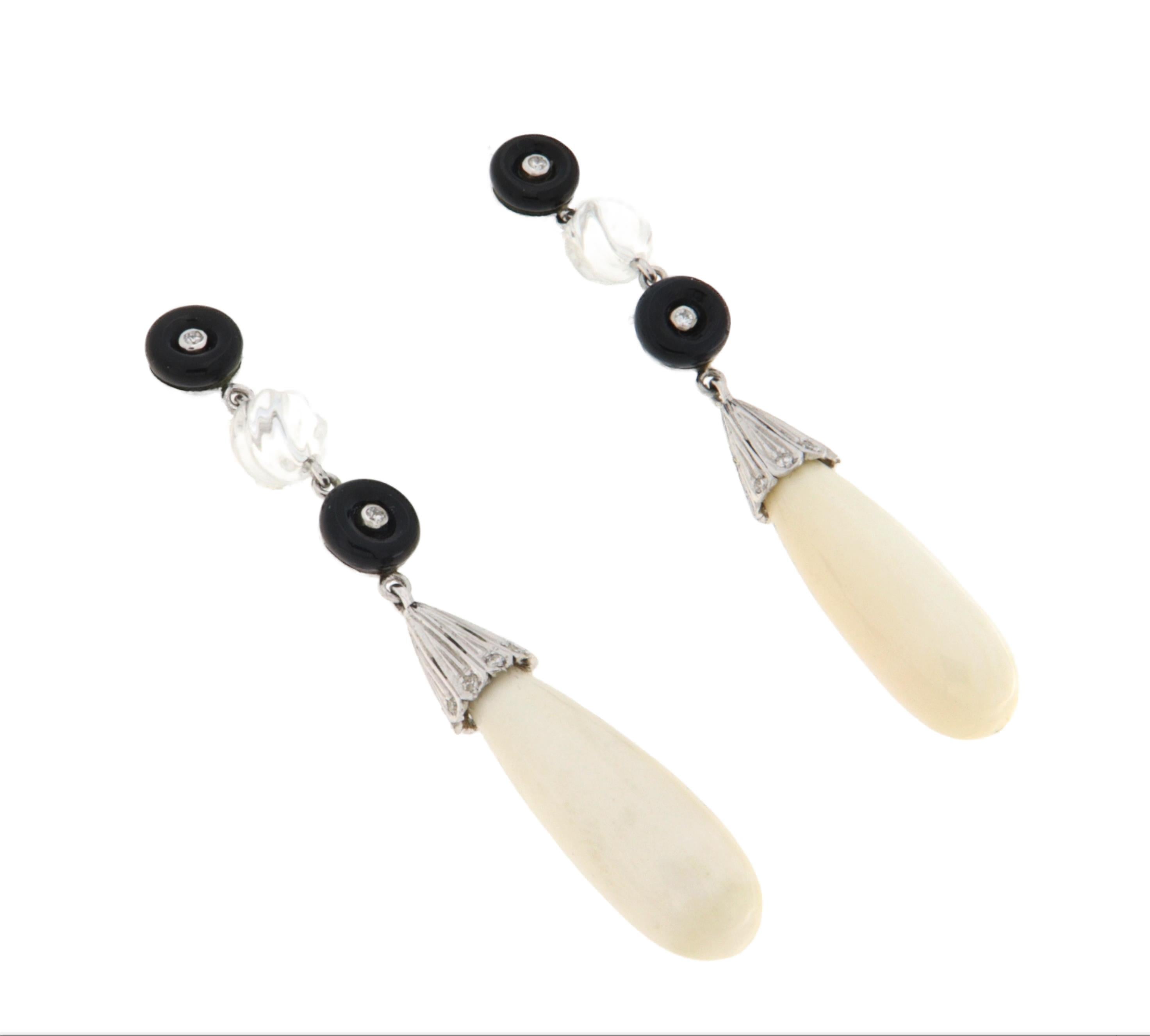 Artisan Agate Onyx Diamonds Crystal Rock 18 Karat White Gold Drop Earrings For Sale