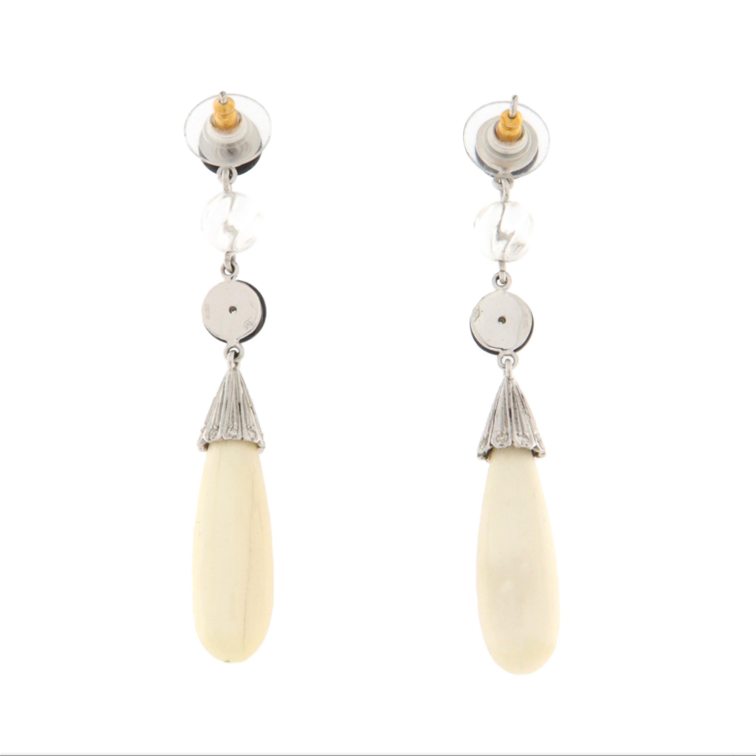 Brilliant Cut Agate Onyx Diamonds Crystal Rock 18 Karat White Gold Drop Earrings For Sale