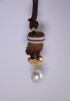 Agate Pearl and Diamond African Golden Pendant