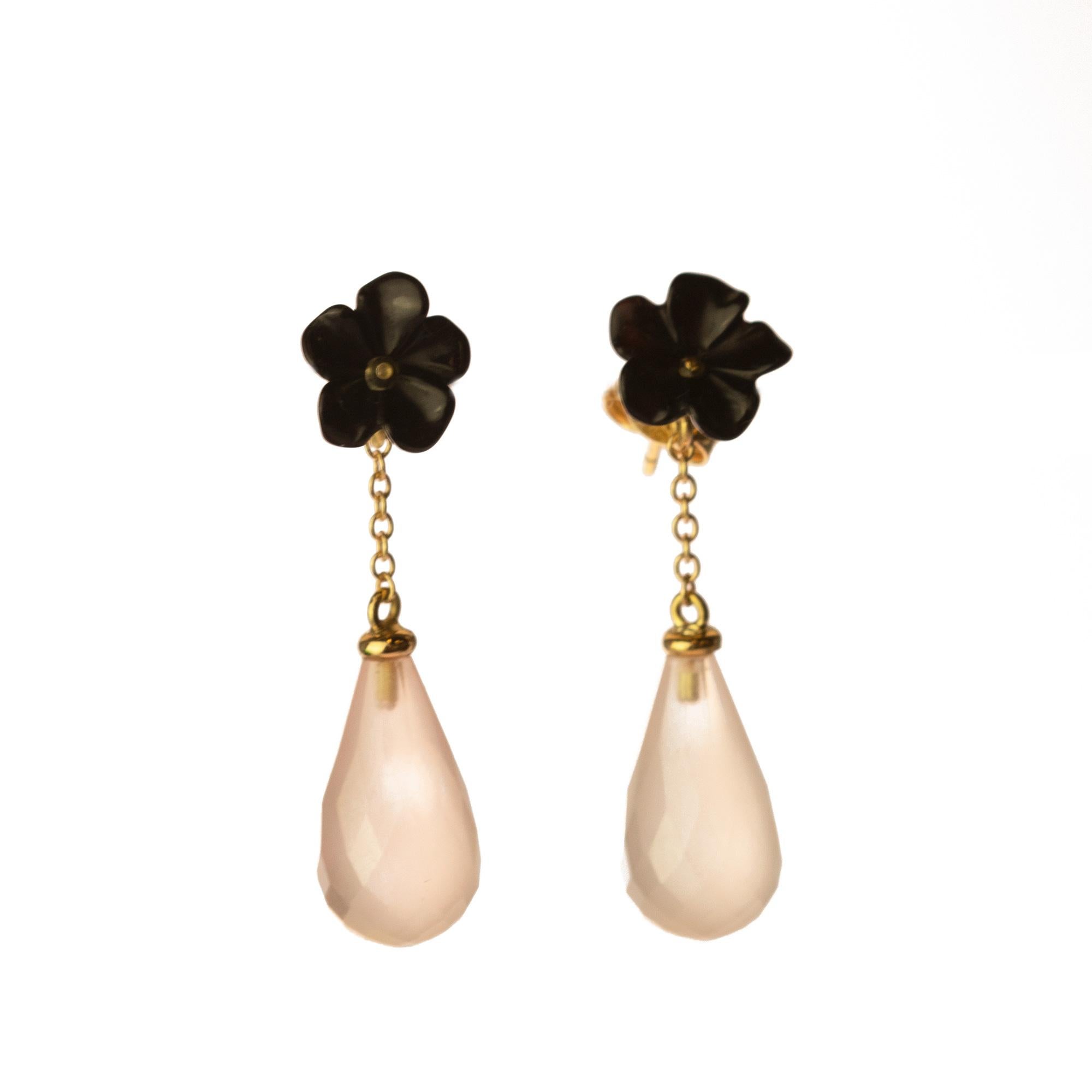 Intini Jewels, boucles d'oreilles italiennes en goutte déco en or 18 carats, agate et quartz rose en vente 3