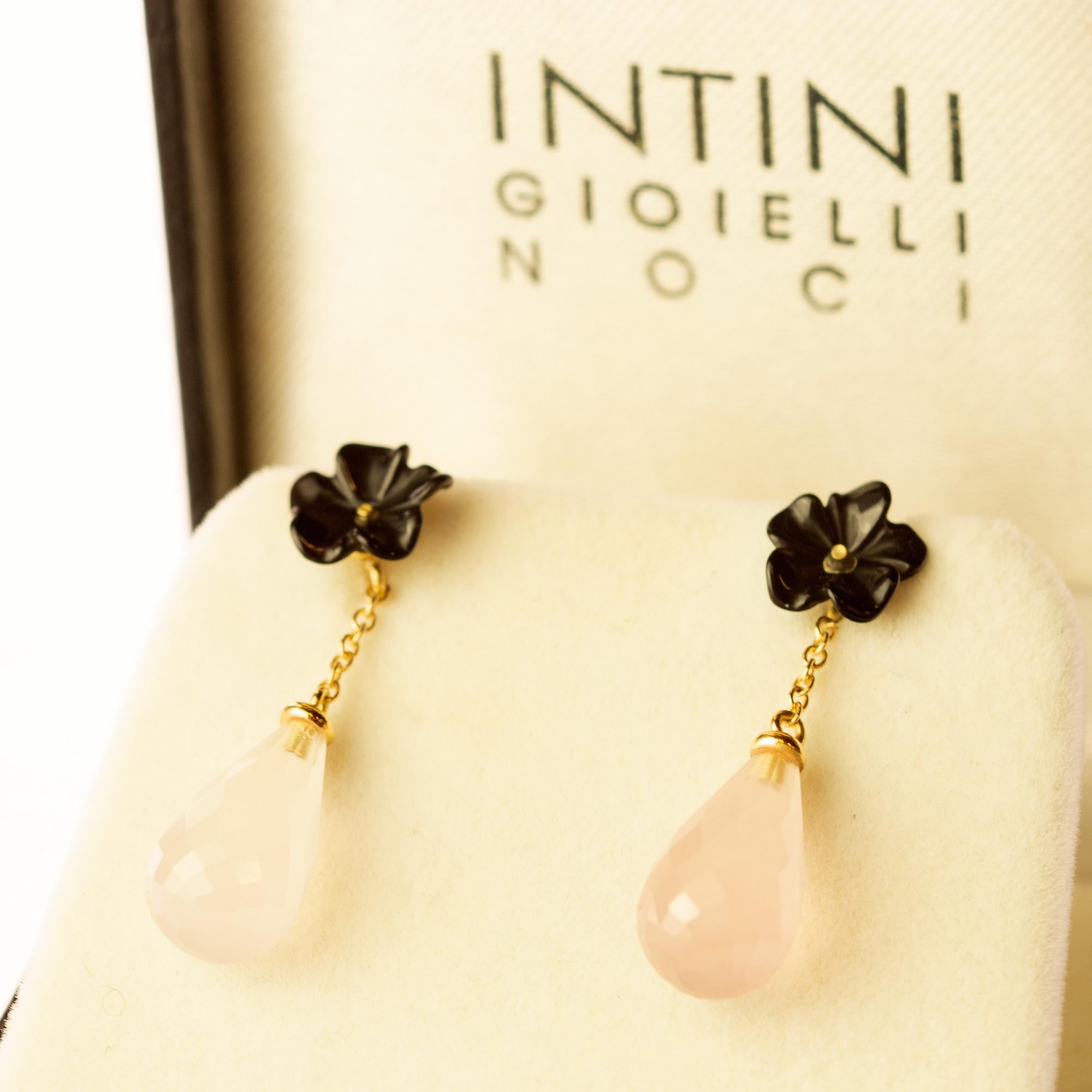 Intini Jewels, boucles d'oreilles italiennes en goutte déco en or 18 carats, agate et quartz rose en vente 4