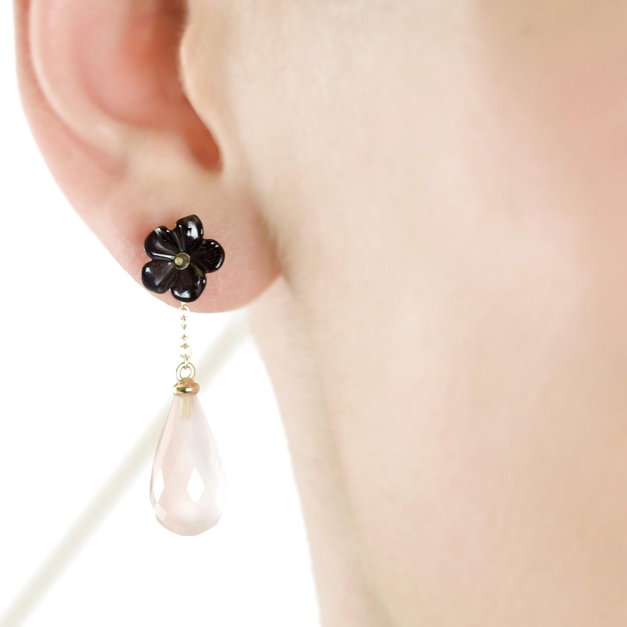 Art nouveau Intini Jewels, boucles d'oreilles italiennes en goutte déco en or 18 carats, agate et quartz rose en vente