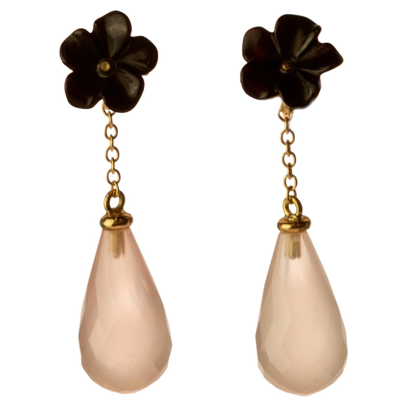 Agata Rosa Quarzo 18 Carati Catena Goccia Orecchini Deco Italiani Intini Jewels