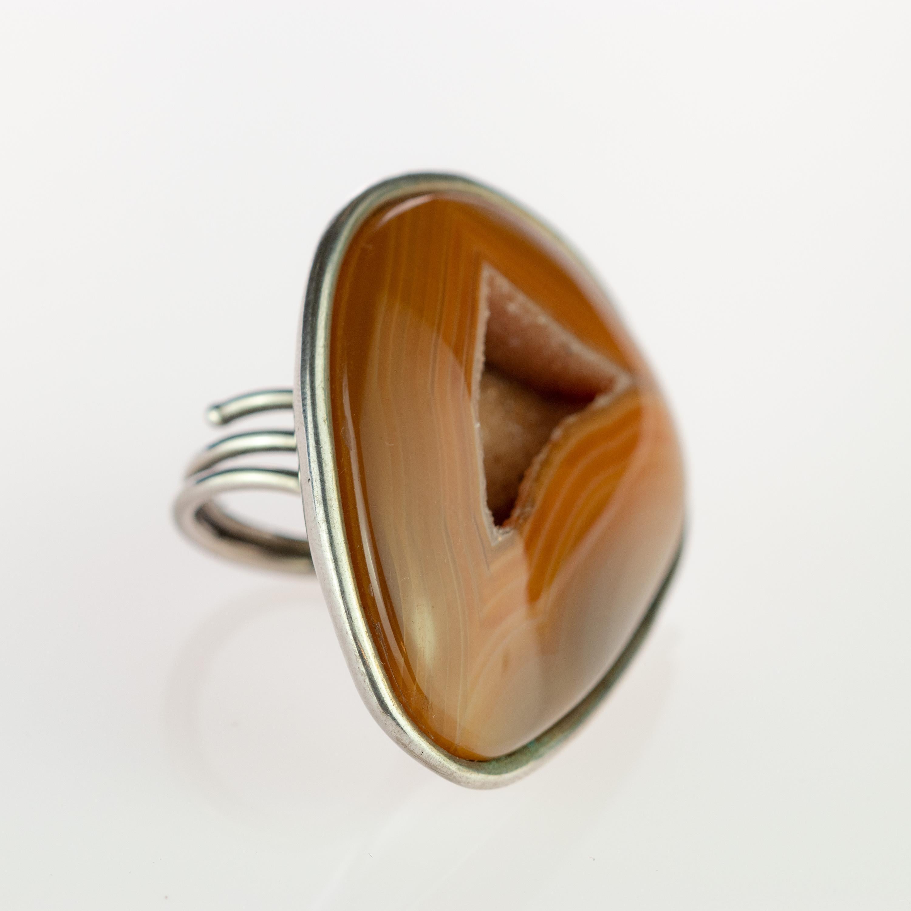 Art Deco Agate Raw Druzy Natural Color Brown 925 Sterling Silver Handmade Cocktail Ring For Sale