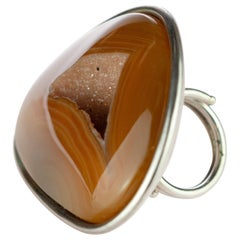 Agate Raw Druzy Natural Color Brown 925 Sterling Silver Handmade Cocktail Ring