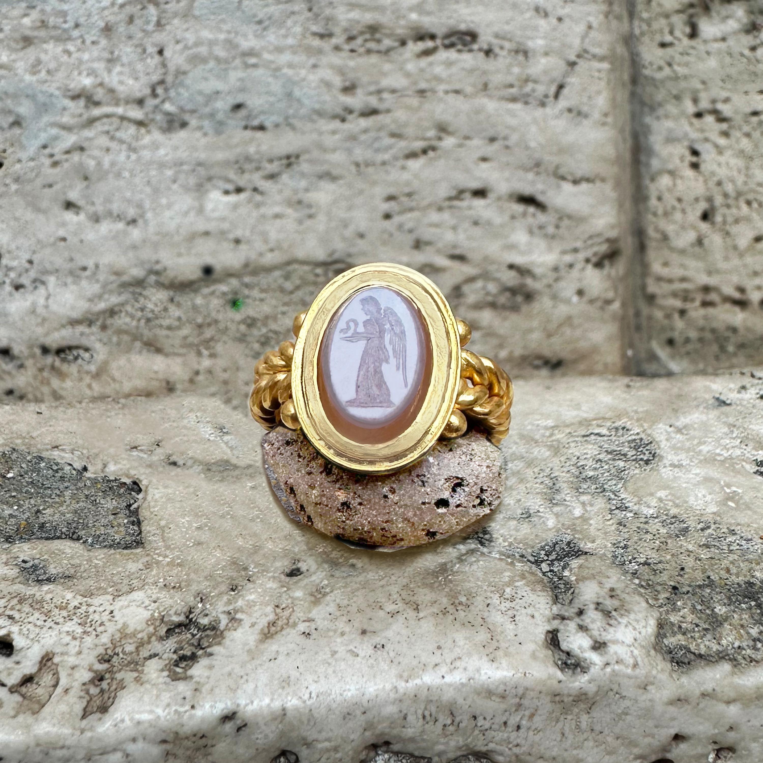 Classical Roman Agate Roman Intaglio 1st-2nd cent.AD 18kt Gold Ring depicting Nike with Snake For Sale