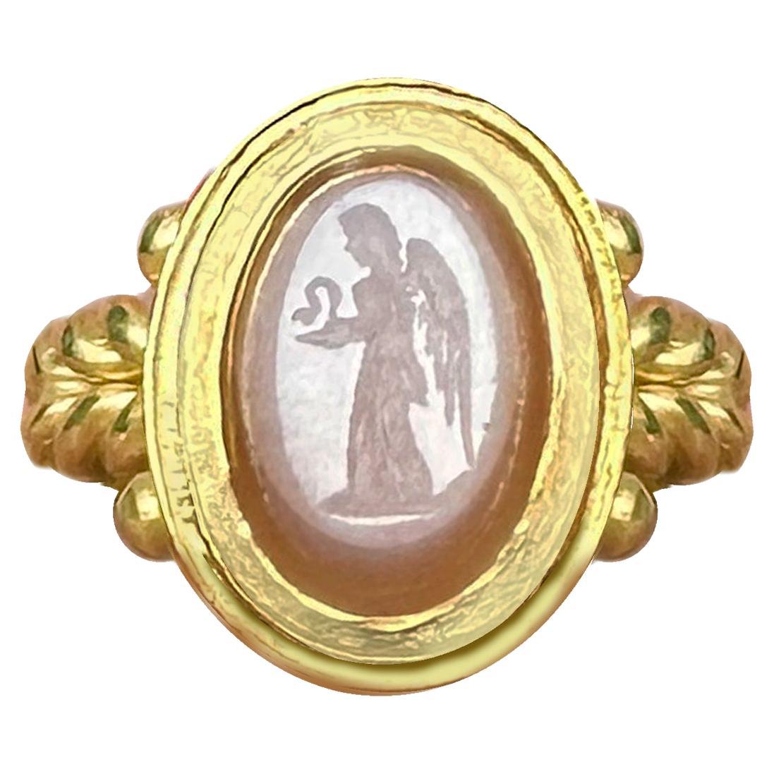 Agate Roman Intaglio 1st-2nd cent.AD 18kt Gold Ring depicting Nike with Snake