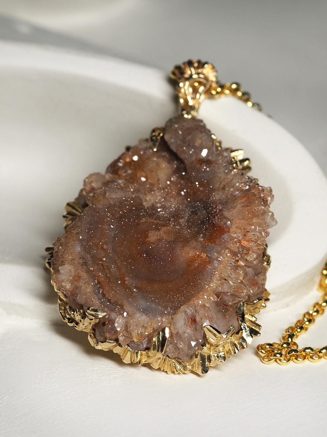 Artisan Agate Rose Gold Necklace Fantacy Art Nouveau Style Large Brown Natural Crystal For Sale