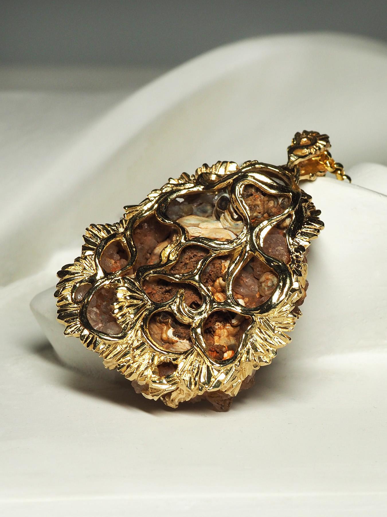 Uncut Agate Rose Gold Necklace Fantacy Art Nouveau Style Large Brown Natural Crystal For Sale