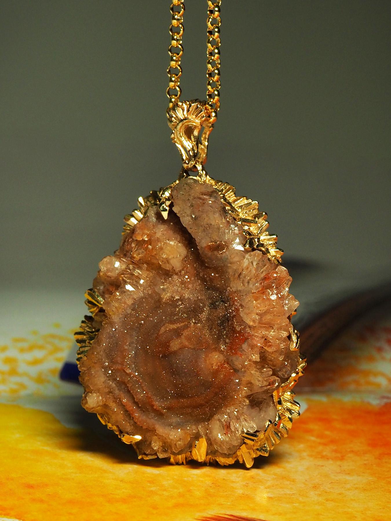 Agate Rose Gold Necklace Fantacy Art Nouveau Style Large Brown Natural Crystal For Sale 4