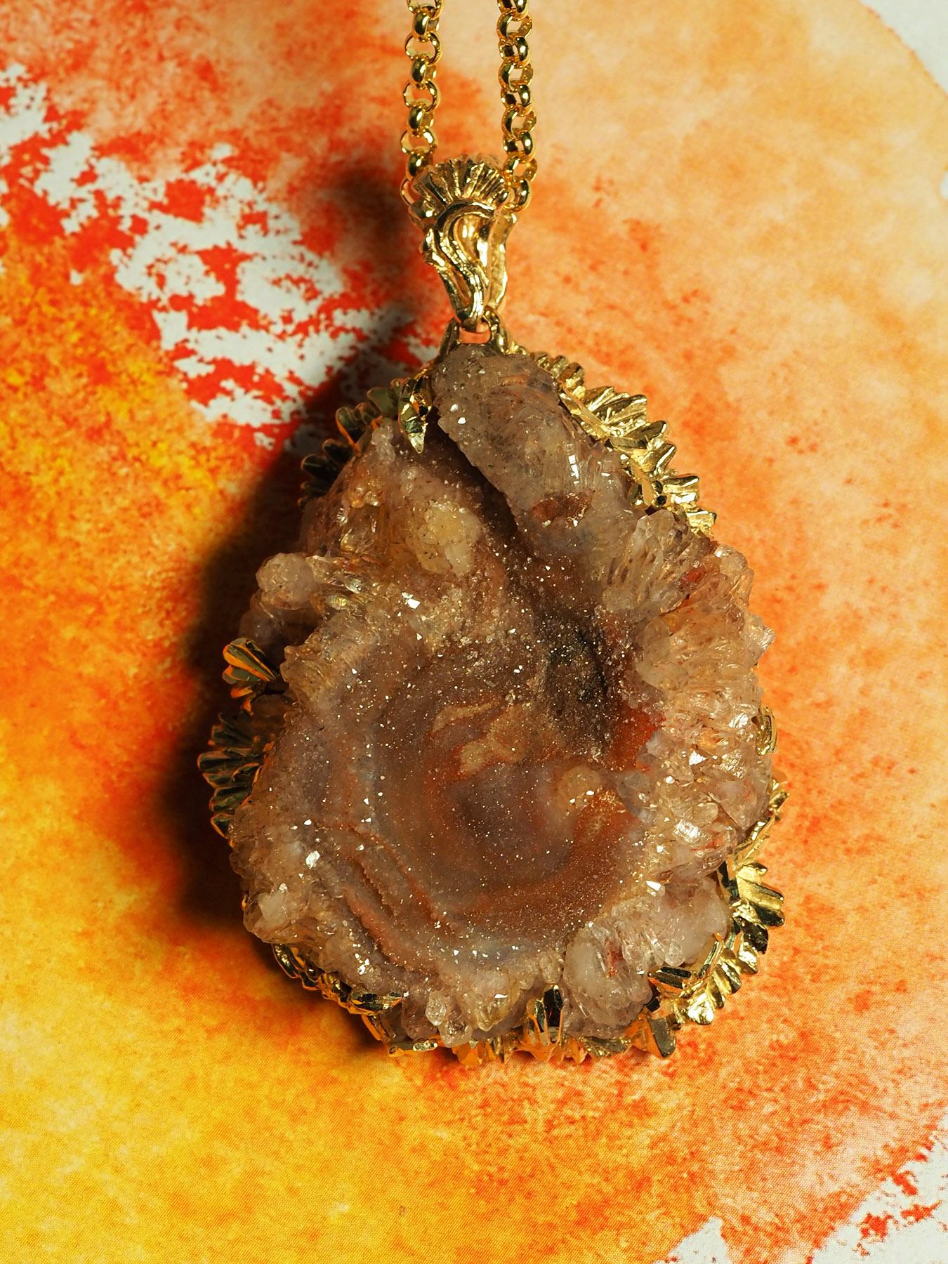 Women's or Men's Agate Rose Gold Necklace Fantacy Art Nouveau Style Large Brown Natural Crystal For Sale