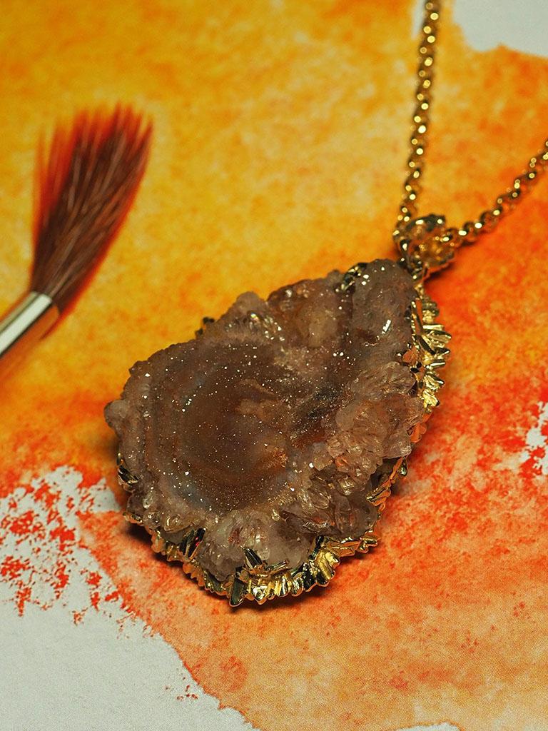 Agate Rose Gold Necklace Fantacy Art Nouveau Style Large Brown Natural Crystal For Sale 2