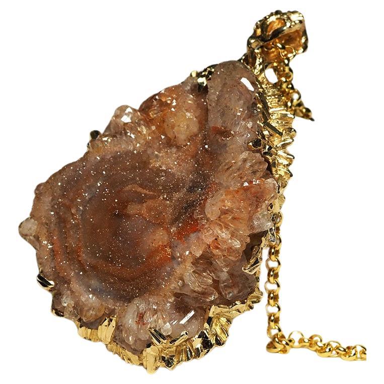 Agate Rose Gold Necklace Fantacy Art Nouveau Style Large Brown Natural Crystal For Sale