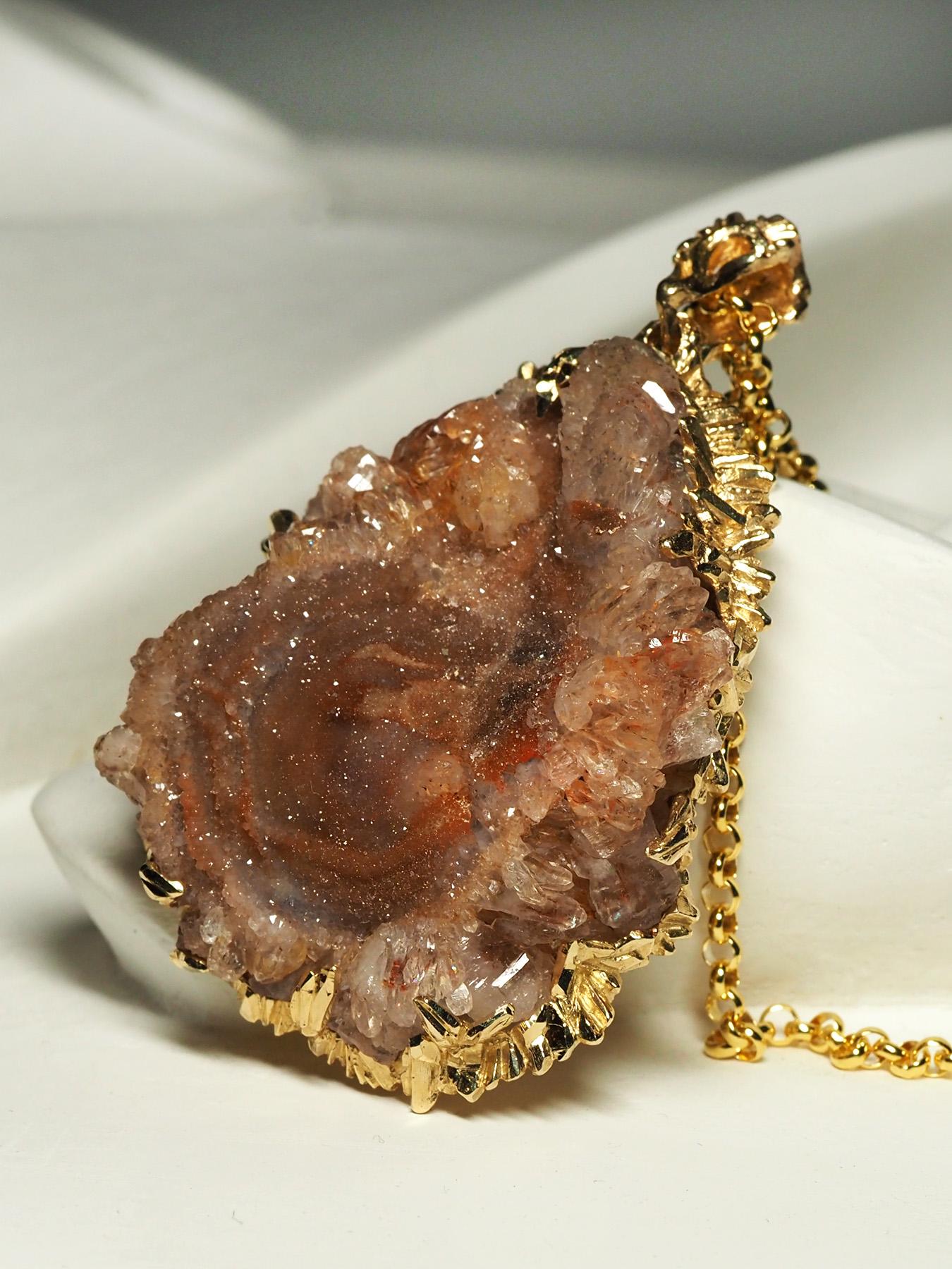 Uncut Agate Rose Gold Pendant Fantasy style Natural Crystal Necklace For Sale