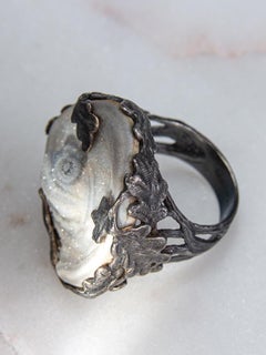Agate Rose Patinated Silver Oak Ring Cloud Gray Raw Uncut Natural Brazilian Gem