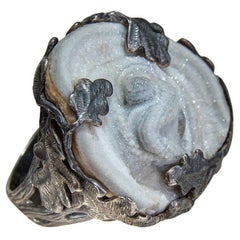 Agate Rose Patinated Silver Oak Ring Cloud Gray Raw Uncut Natural Brazilian Gem