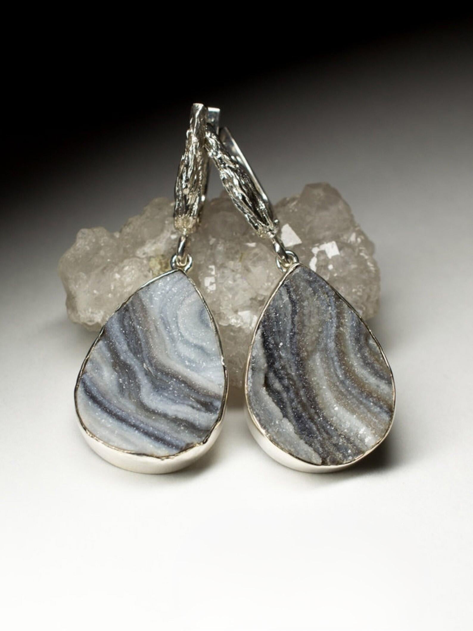 Agate Rose Silver Earrings Flower Carving Natural Genuine Fine Quality Gemstone In New Condition For Sale In Berlin, DE
