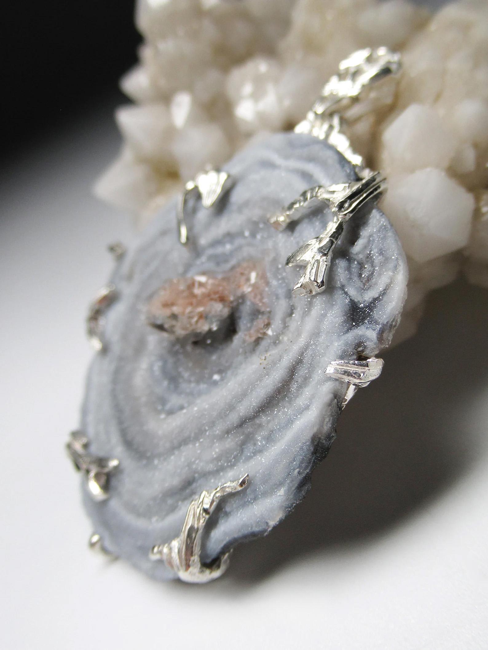 Agate Rose Silver Pendant Natural Gemstone Statement Fine Unisex Jewelry For Sale 5