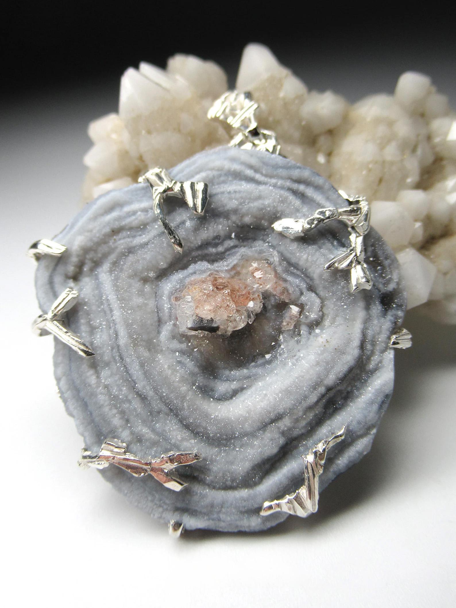 Artisan Agate Rose Silver Pendant Natural Gemstone Statement Fine Unisex Jewelry For Sale