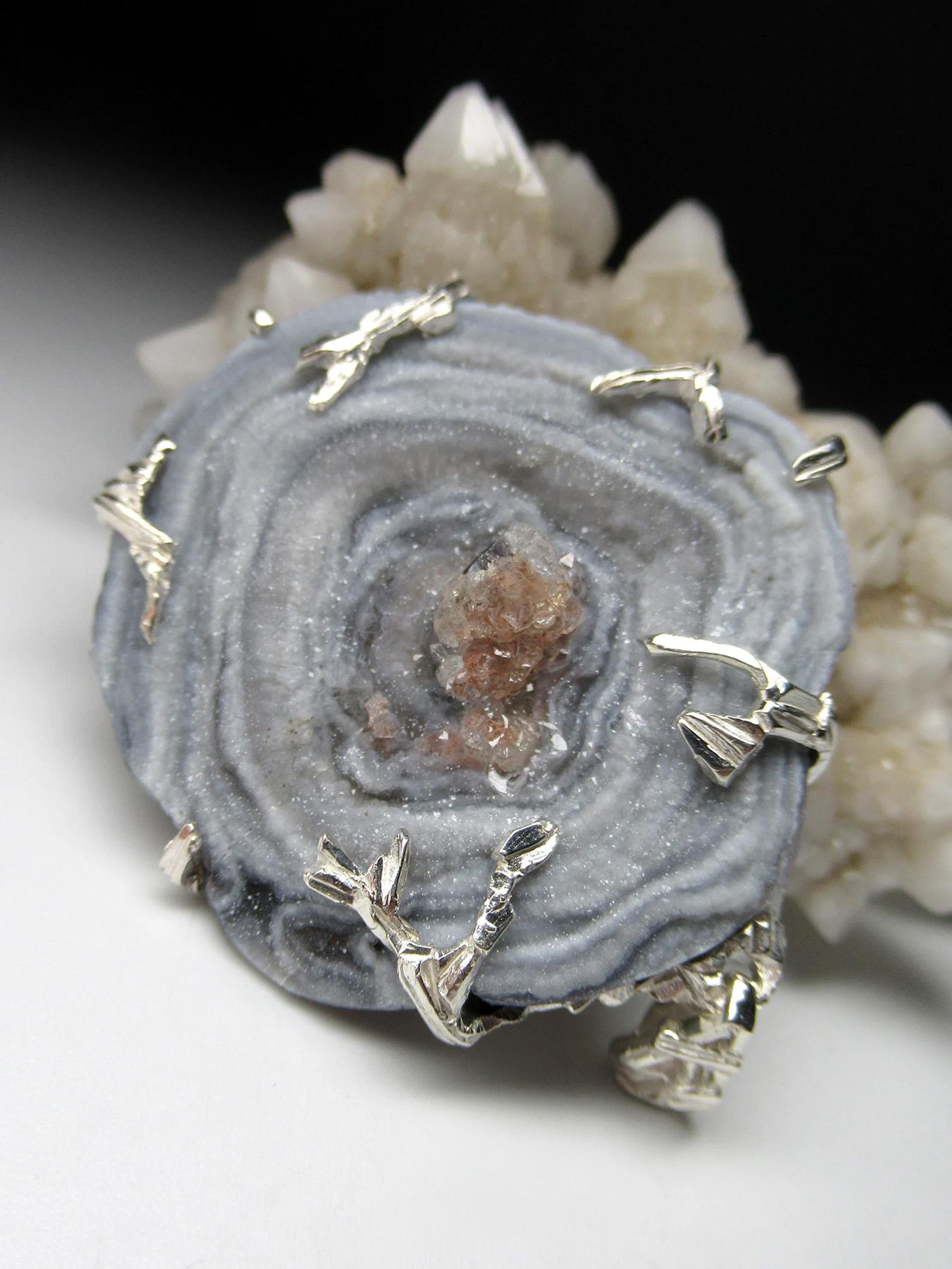 Agate Rose Silver Pendant Natural Gemstone Statement Fine Unisex Jewelry In New Condition In Berlin, DE