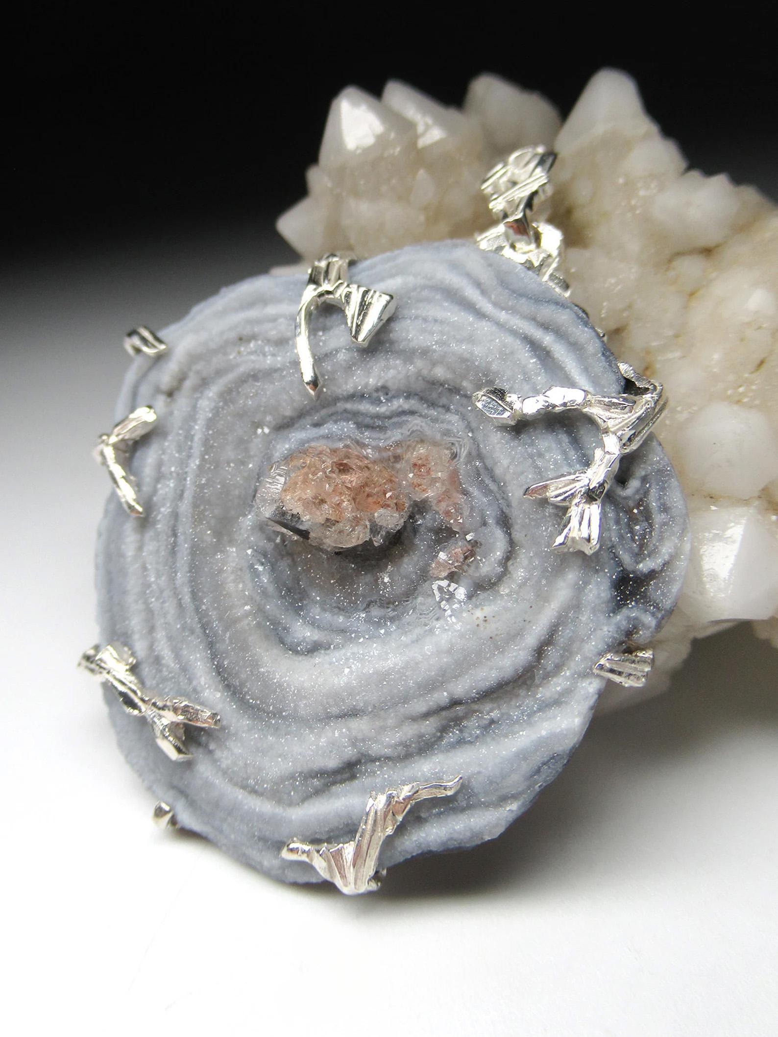 Agate Rose Silver Pendant Natural Gemstone Statement Fine Unisex Jewelry 1