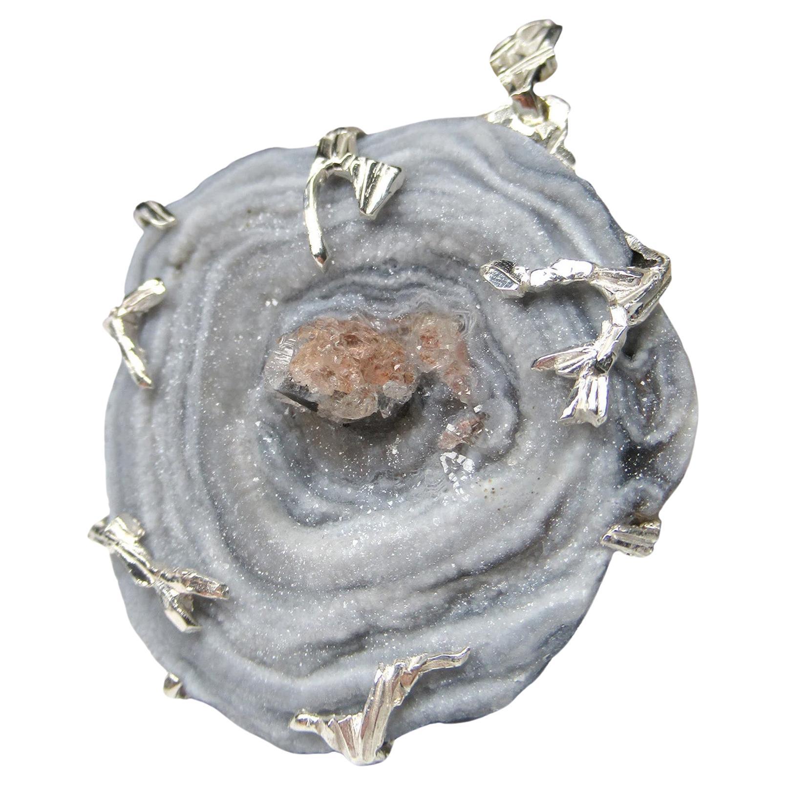 Agate Rose Silver Pendant Natural Gemstone Statement Fine Unisex Jewelry For Sale