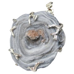 Agate Rose Silver Pendant Natural Gemstone Statement Fine Unisex Jewelry