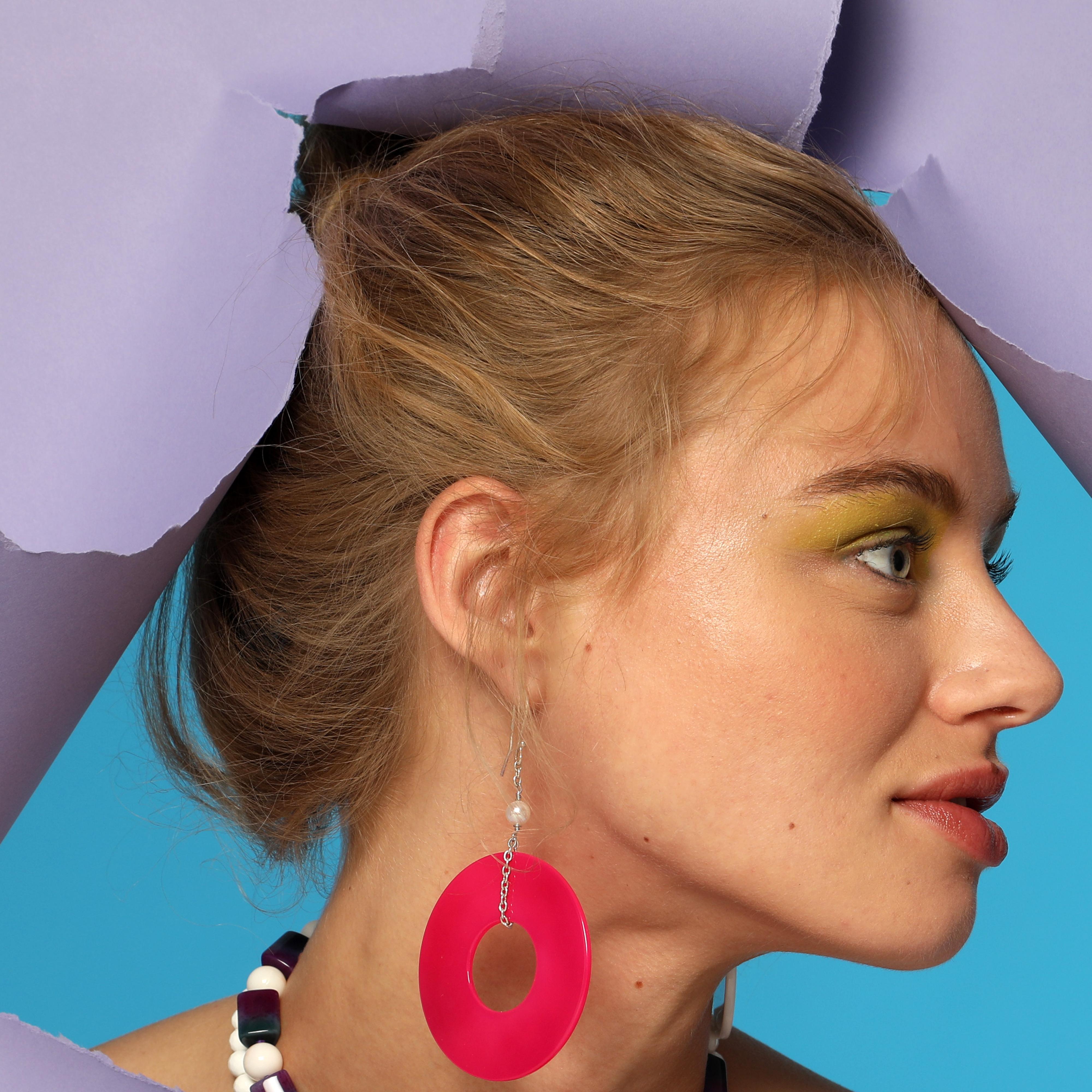 Agate Round Fuchsia Donut Shaped Pearls 925 Silver Dangle Chic Long Earrings (Rundschliff)