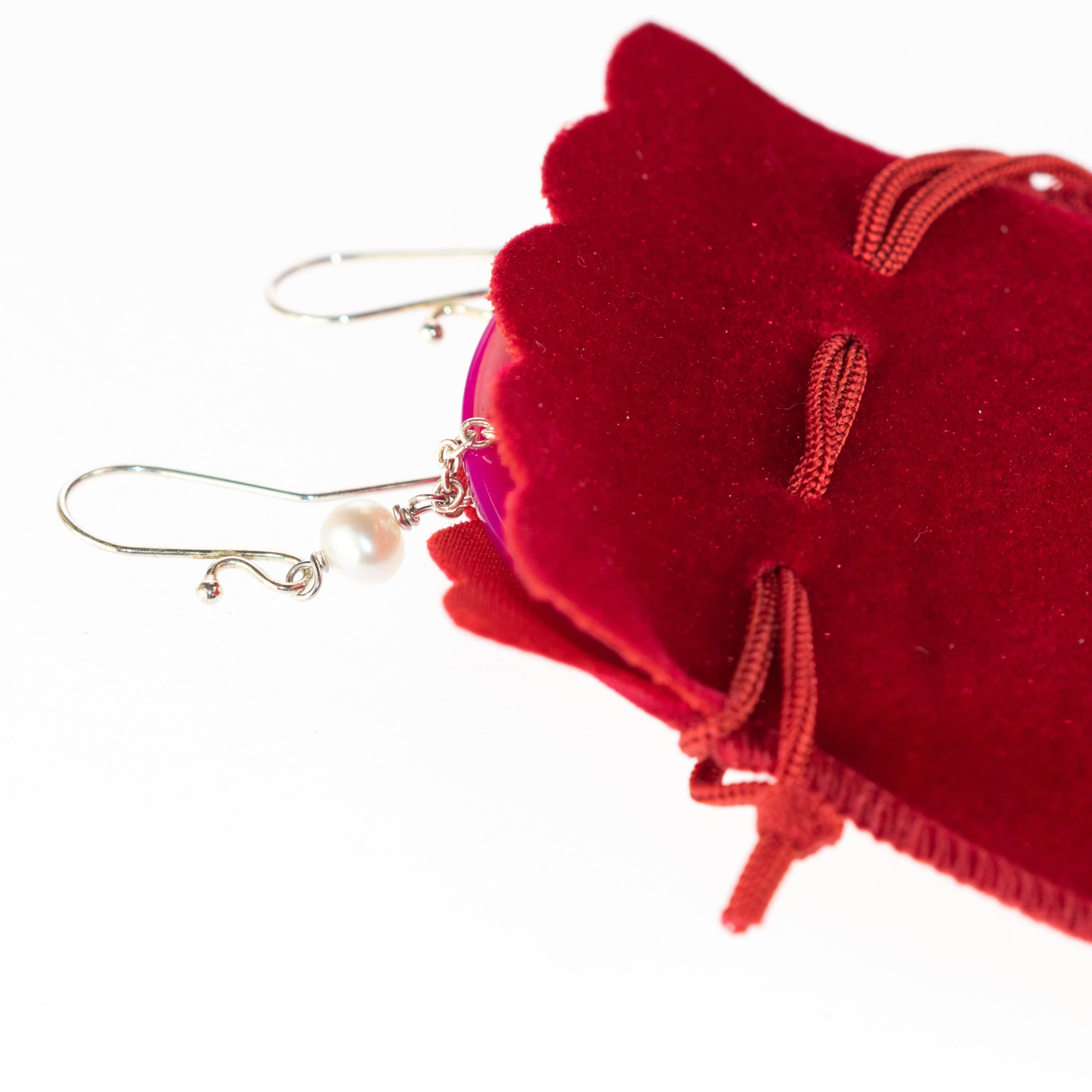 Agate Round Fuchsia Donut Shaped Pearls 925 Silver Dangle Chic Long Earrings 2