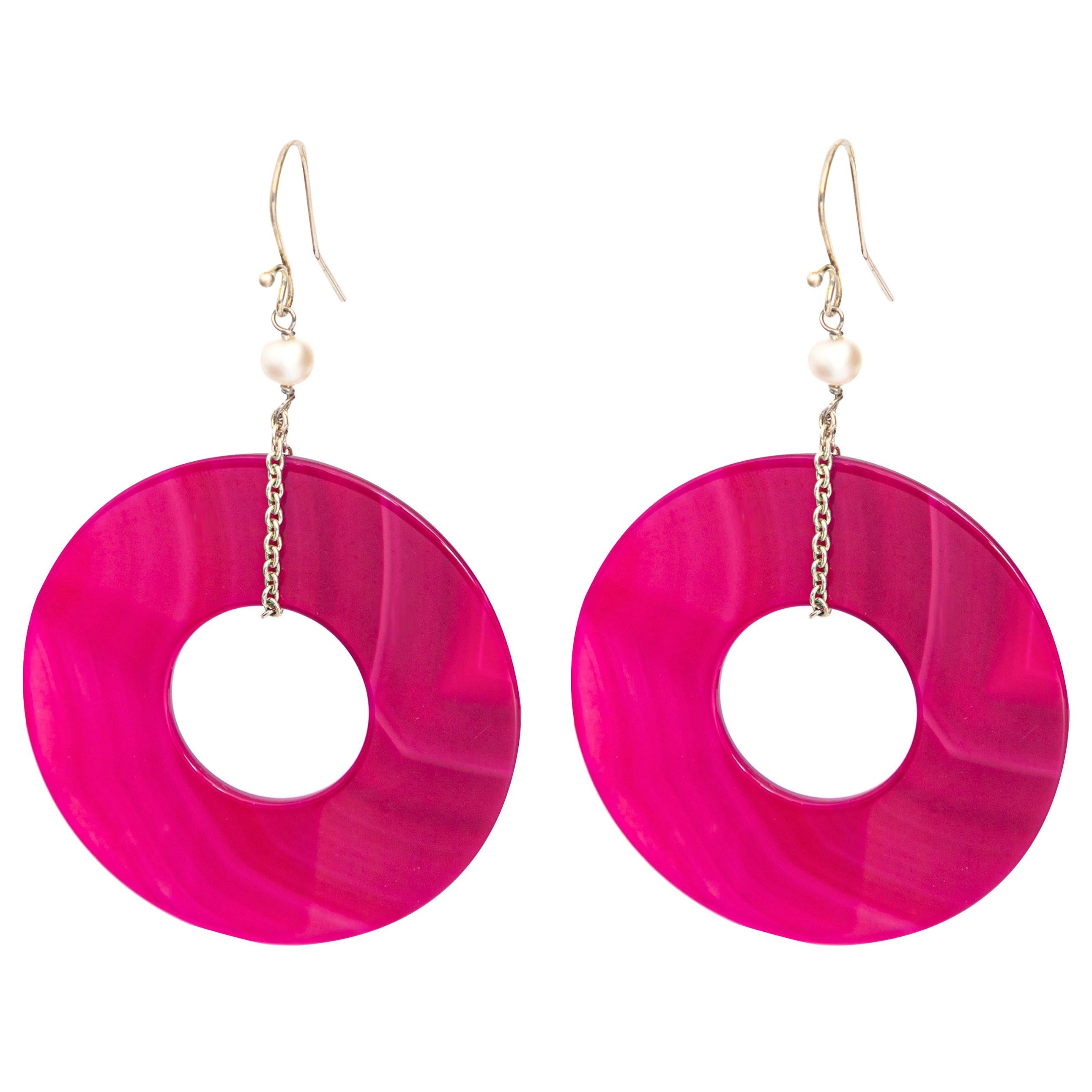 Agate Round Fuchsia Donut Shaped Pearls 925 Silver Dangle Chic Long Earrings For Sale