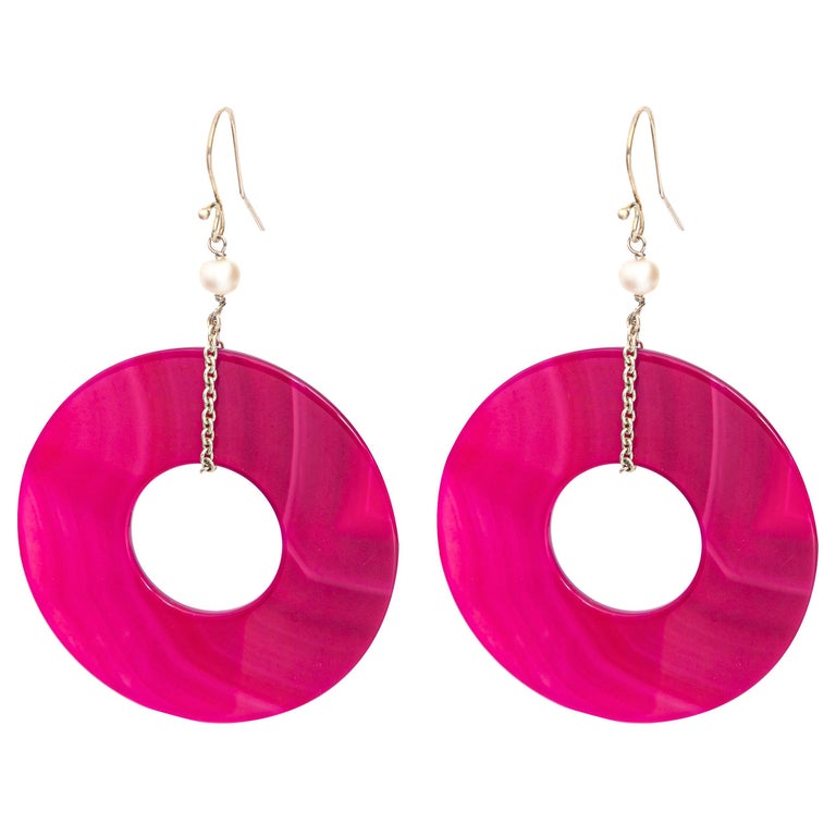 Agate Round Fuchsia Donut Shaped Pearls 925 Silver Dangle Chic Long ...